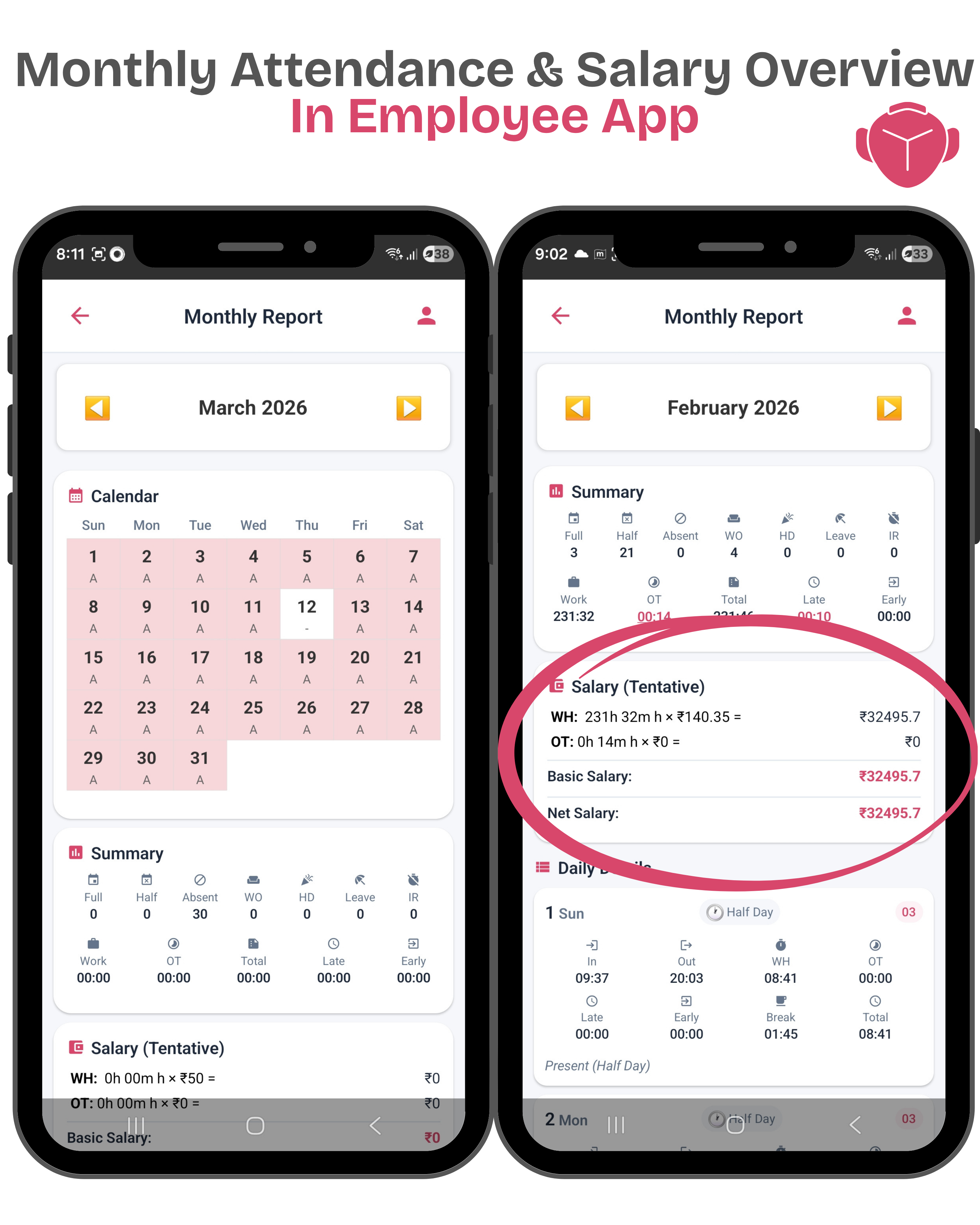 Monthly Attendance and Salary Overview in Employee App